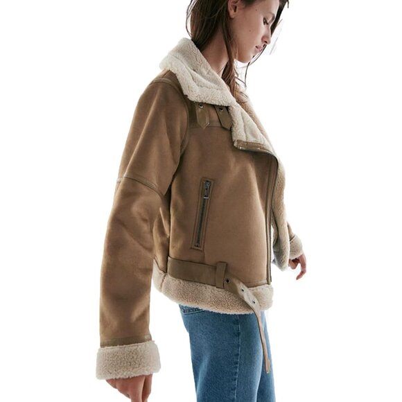 ⚡Women's Brown Faux Shearing Moto Jacket Thick Lined Parka Leather Jacket - Picture 5 of 6